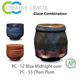 Blue Midnight PC-12 over Chun Plum PC-55 Pottery Cone 5 Glaze Combination